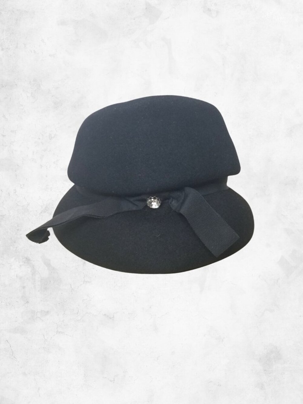 Vintage Pyr-Lane Black Wool Hat with Ribbon & Rhinestone Accent